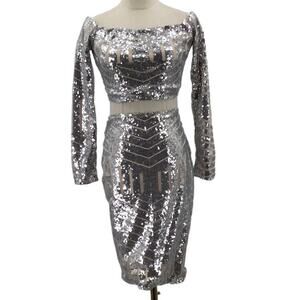 BLITHE S Silver Nude Sequin Off Shoulder Long Sleeve coctail 2 pc Dress NWT B77
